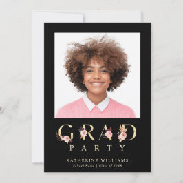 Gold Floral Letters Graduation Party Foto Einladung