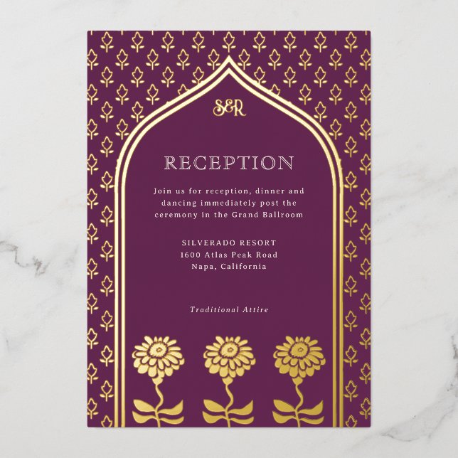 Gold Floral Marigold Indian Wedding Reception Folieneinladung (Vorderseite)