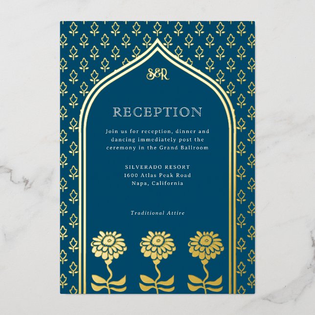 Gold Floral Marigold Indian Wedding Reception Folieneinladung (Vorderseite)