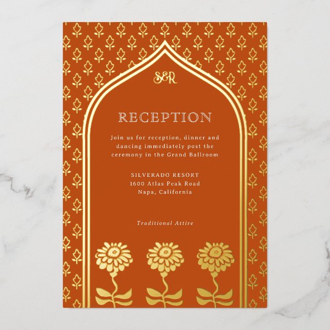 Gold Floral Marigold Indian Wedding Reception Folieneinladung (Vorderseite)