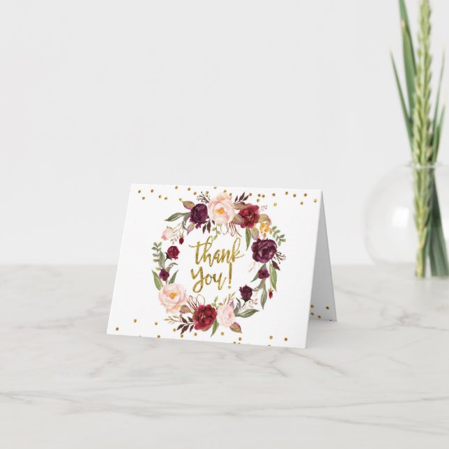 Gold Floral Marsala Chute en Amour Carte de remerc (Devant)