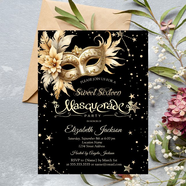 Gold Floral Masque Stars Sweet 16 Einladung (Von Creator hochgeladen)
