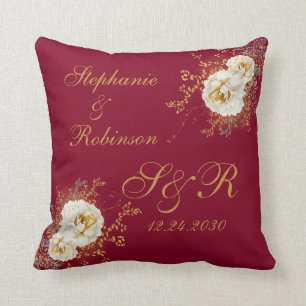 Gold Floral Monogram auf Burgund Wedding Geschenk  Kissen