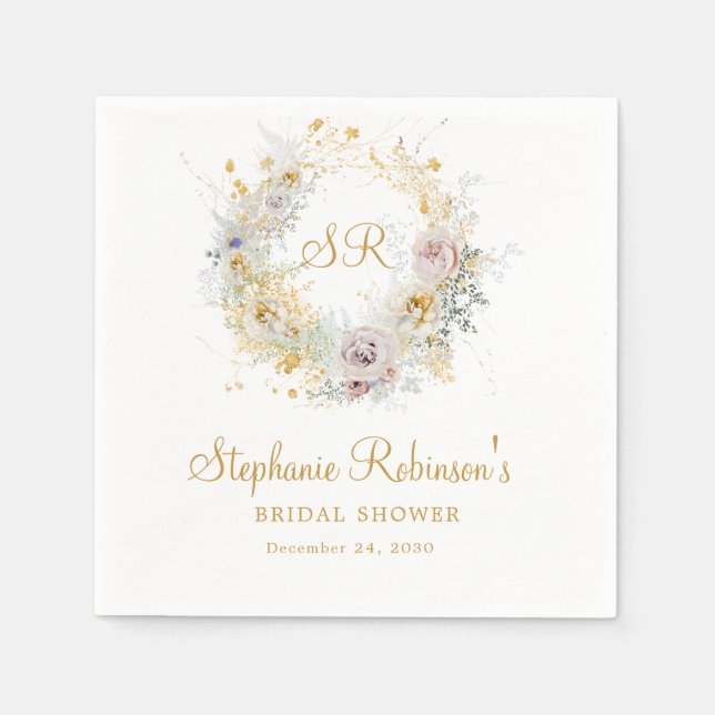 Gold Floral Monogram Brautparty Serviette (Vorderseite)