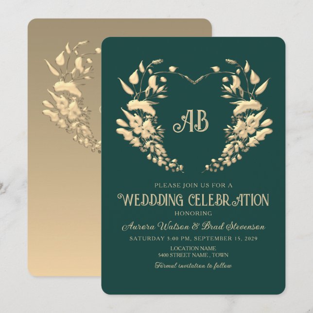 Gold Floral Monogram Emerald Wedding Einladung (Vorne/Hinten)