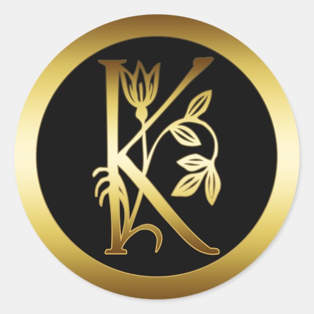 GOLD FLORAL MONOGRAM LETTER K RUNDER AUFKLEBER (Vorderseite)