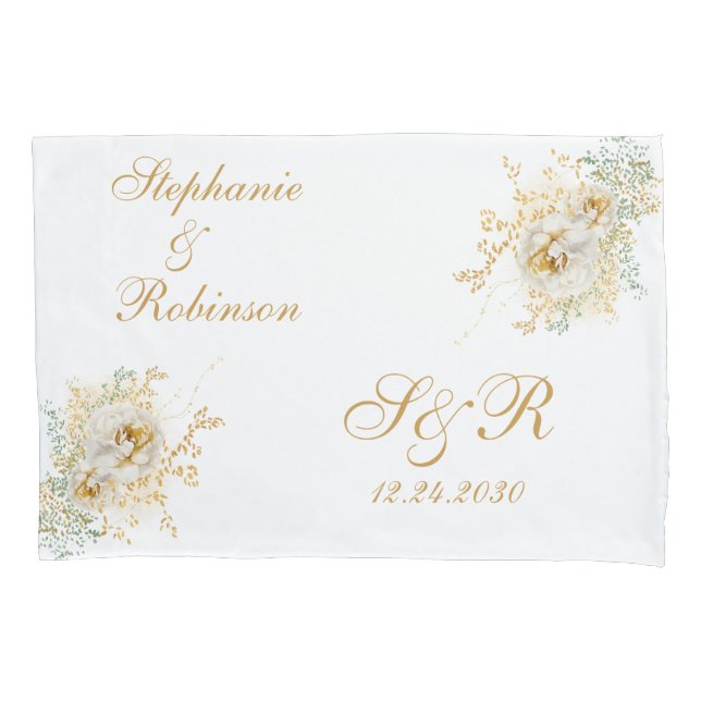 Gold Floral Monogram Logo Hochzeitsgeschenk Kissen Kissenbezug (Vorderseite)