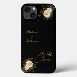 Gold Floral Monogram on Black Wedding Case-Mate iPhone Hülle
