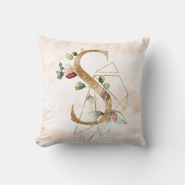 Gold Floral Monogram S Pillow Kissen (Vorderseite)