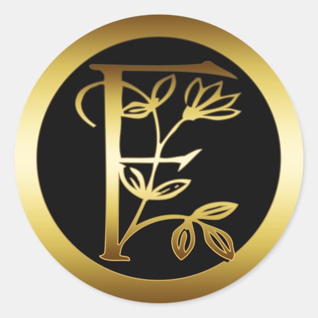 GOLD FLORAL MONOGRAM SCHREIBEN F RUNDER AUFKLEBER (Vorderseite)