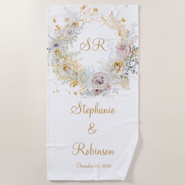 Gold Floral Monogram Wedding Geschenk Strandtuch (Vorderseite)