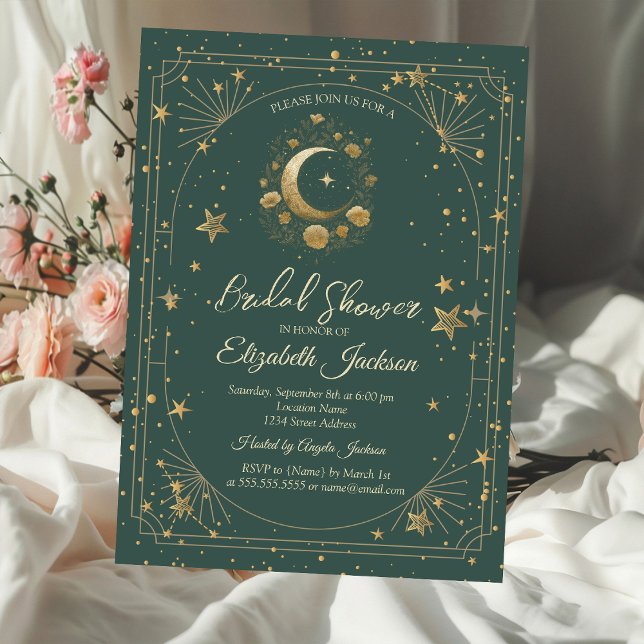 Gold Floral Moon Stars Frame Green Bridal Shower Einladung (Von Creator hochgeladen)