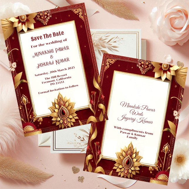 Gold Floral Motif Asymmetric Grand Indian Wedding Save The Date (Gold Floral Motif Asymmetric Grand Indian Wedding Save The Date)