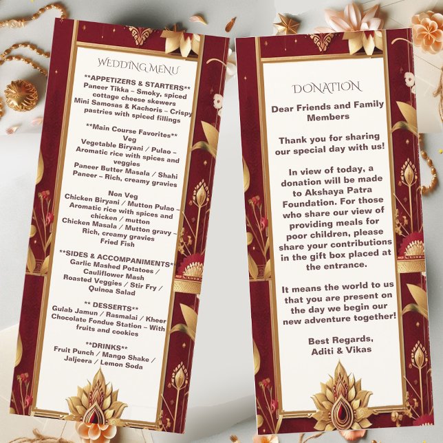 Gold Floral Motif Ornate Asymmetric Indian Wedding Menükarte (Gold Floral Motif Ornate Asymmetric Indian Wedding Menu)
