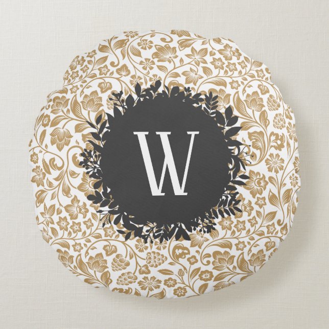 Gold Floral Muster mit dunkelgrauem Circle Monogra Rundes Kissen (Vorderseite)