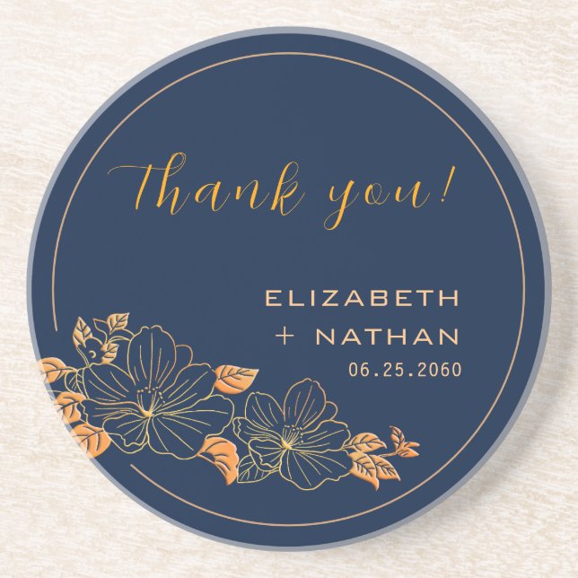 Gold Floral Navy Blue Wedding Vielen Dank für Ihr  Getränkeuntersetzer (Vorne)