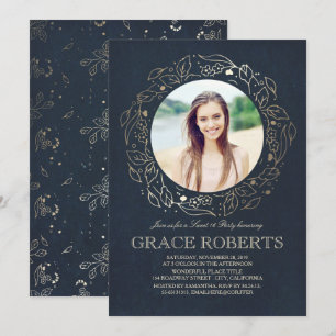 Gold Floral Navy Vintag   Sweet 16 Geburtstag Einladung