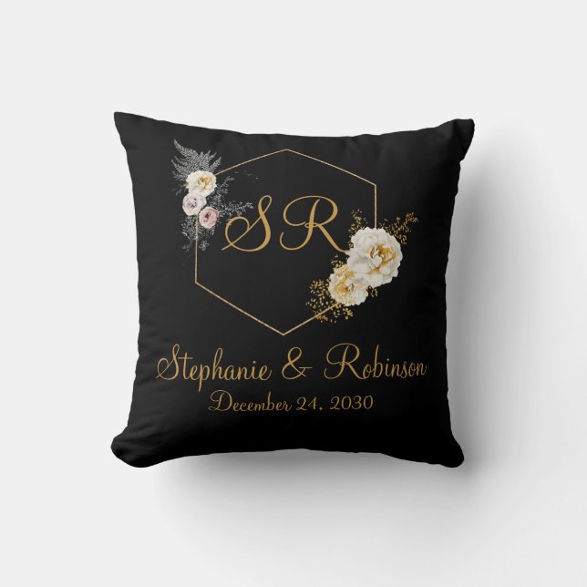 Gold Floral on Black Monogram Logo Hochzeitsgesche Kissen (Vorderseite)