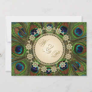 Gold Floral Peacock Feathers Wedding Einladung