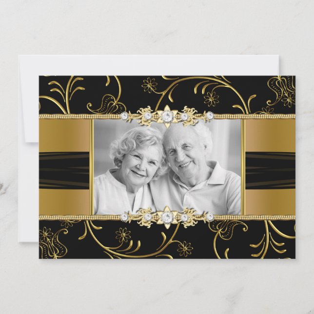 Gold Floral Photo 50e Mariage Invitation Anniversa (Devant)