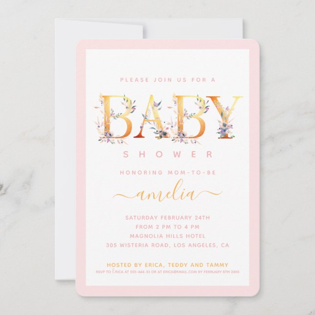 Gold Floral Pink Baby Girl Dusche einladen (Vorderseite)