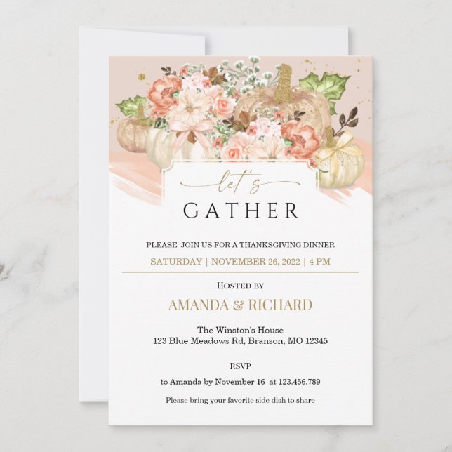 Gold Floral Pumpkin Erntedank Dinner Einladung (Vorderseite)