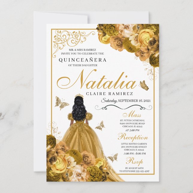 Gold Floral Quinceanera Geburtstag Einladung (Vorderseite)