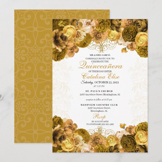 Gold Floral Quinceanera Geburtstag Einladung (Vorne/Hinten)