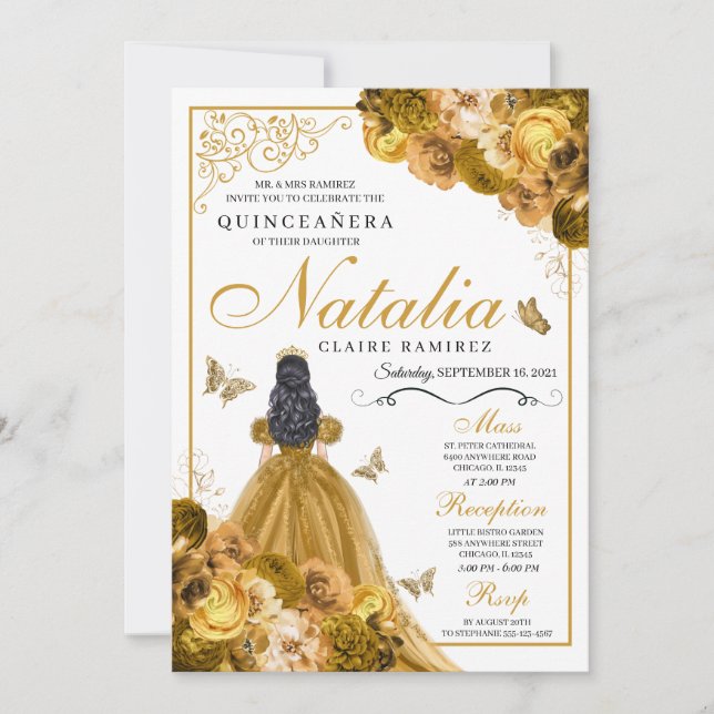 Gold Floral Quinceanera Geburtstag Einladung (Vorderseite)