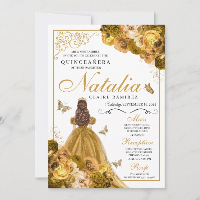 Gold Floral Quinceanera Geburtstag Einladung (Vorderseite)