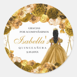 Gold Floral Quinceanera Round Stickers