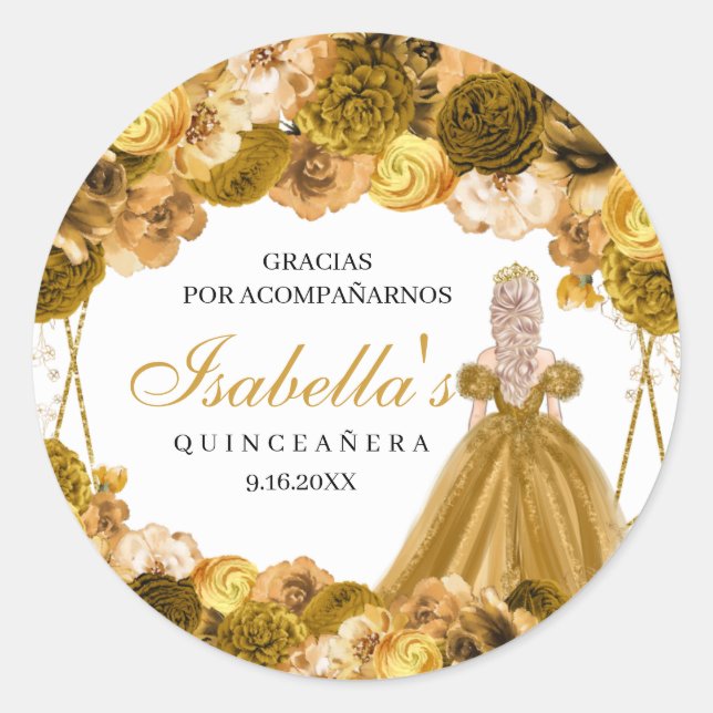 Gold Floral Quinceanera Round Stickers (Vorderseite)