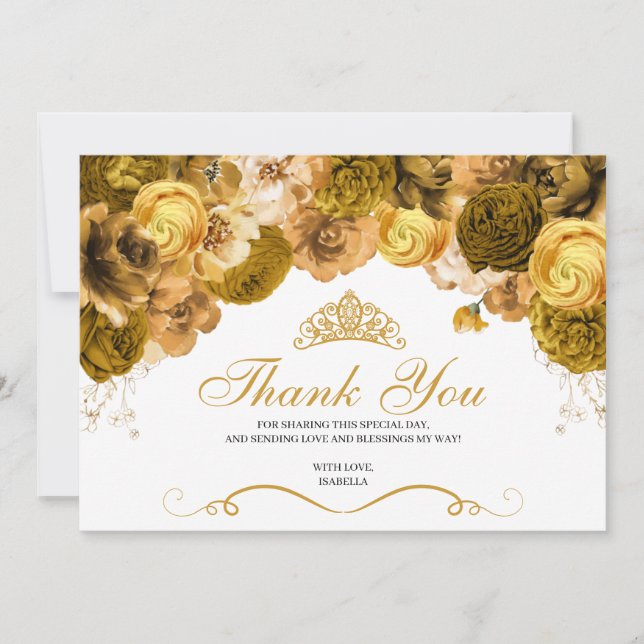 Gold Floral Quinceanera Vielen Dank Dankeskarte (Vorderseite)