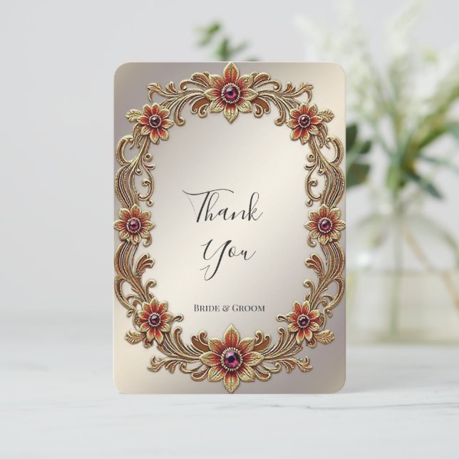 Gold Floral Rahmen mit Roten Steinen Danke Karte (Stehend Vorderseite)
