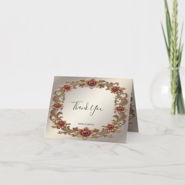 Gold Floral Rahmen mit Roten Steinen Danke Karte (Vorderseite)