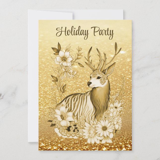Gold Floral Reindeer Christmas Party Invitation (Devant)
