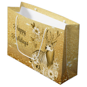 Gold Floral Reindeer-Geschenktasche Große Geschenktüte