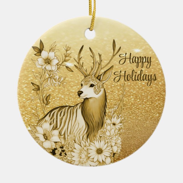 Gold Floral Reindeer Keramik Ornament (Vorne)