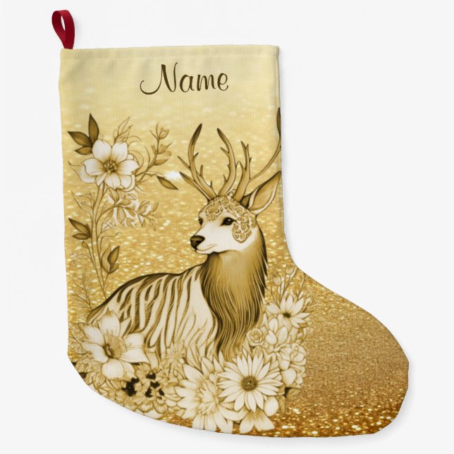 Gold Floral Reindeer Weihnachtsfest Strumpf Großer Weihnachtsstrumpf (Vorderseite)