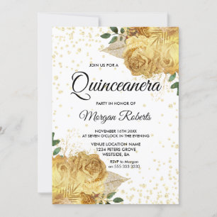 Gold Floral Rosen Quinceanera Party Inite Einladung