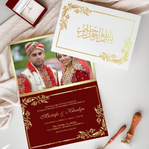 Gold Floral Rot Foto Muslimische Hochzeit Folienkarte