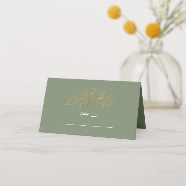 Gold Floral Sage Green Wedding Table Number Platzkarte (Vorderseite)