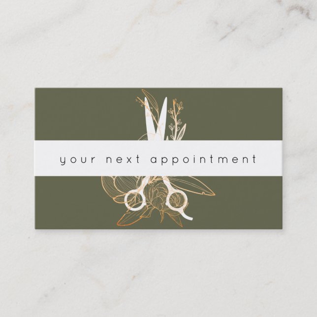 Gold Floral Salon Scissors Logo Ernennung Visitenkarte (Vorderseite)