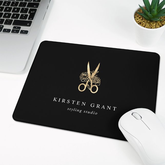 Gold Floral Scissors Salon Logo Mousepad (Von Creator hochgeladen)