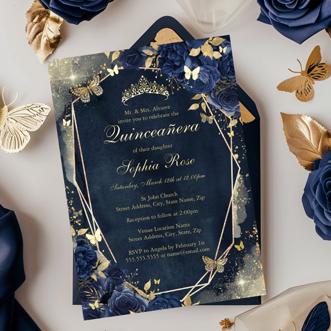 Gold Floral Sparkle Butterfly Navy Quinceanera Folieneinladung (Von Creator hochgeladen)