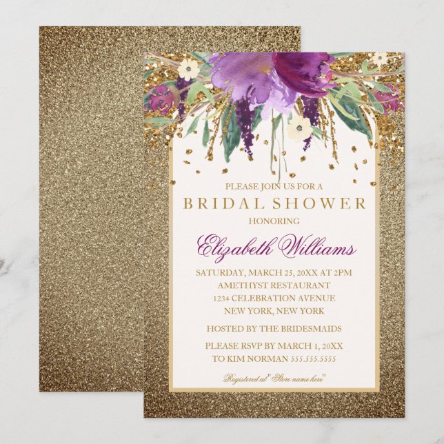 Gold Floral Sparkling Amethyst Brautparty Einladung (Vorne/Hinten)