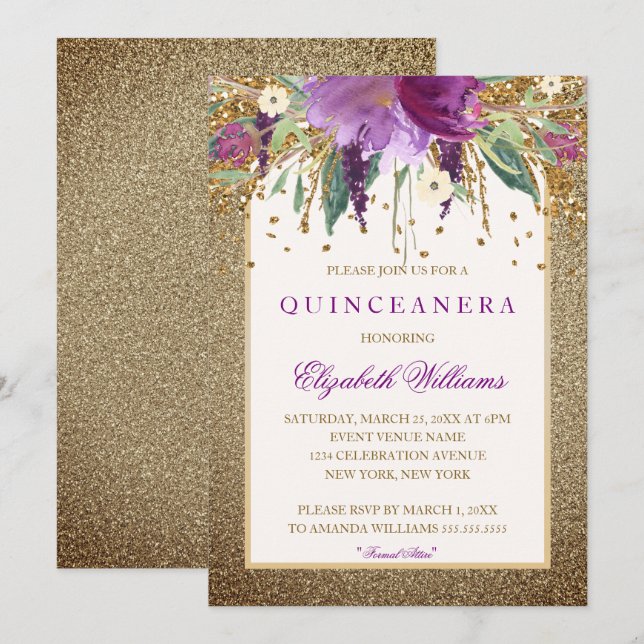 Gold Floral Sparkling Amethyst Quinceanera Einladu Einladung (Vorne/Hinten)