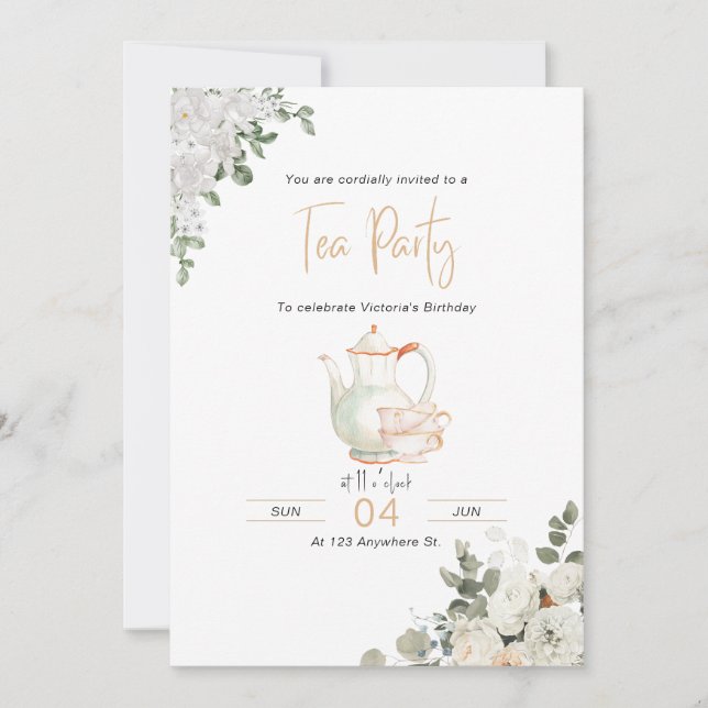 Gold Floral Tea Party Anniversaire Invitation (Devant)