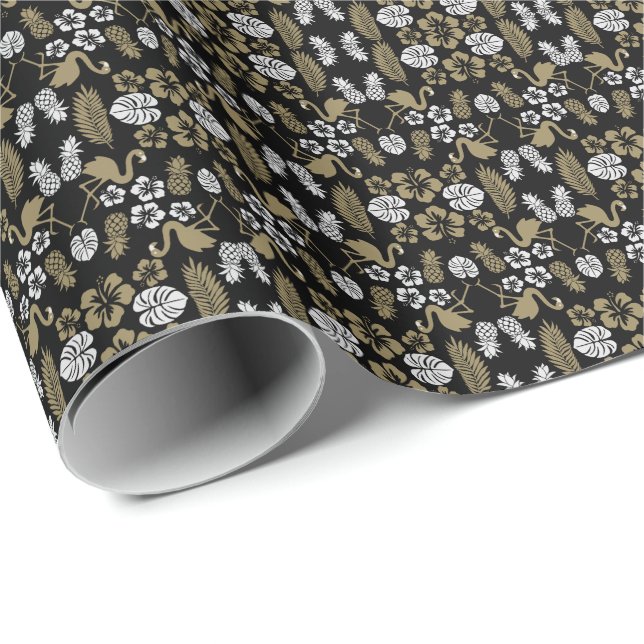 Gold Floral Tropical Gemustert Geschenkpapier (Rolleneckpunkt)
