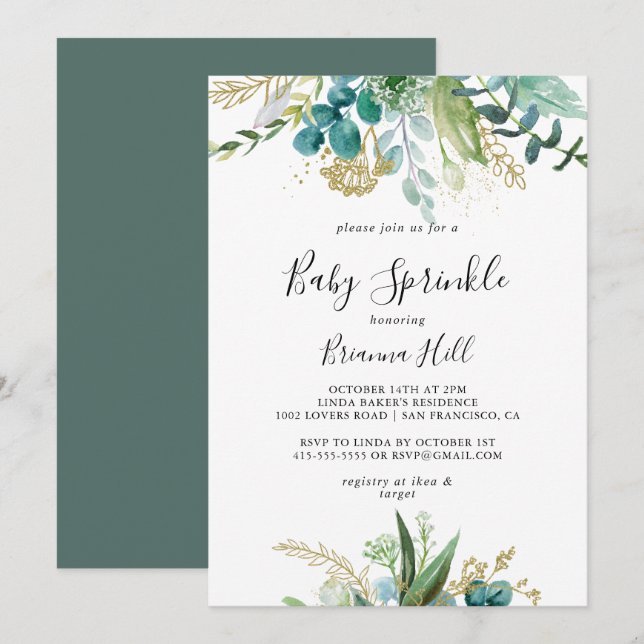 Gold Floral Tropical Greenerenery Baby Sprinkle Einladung (Vorne/Hinten)
